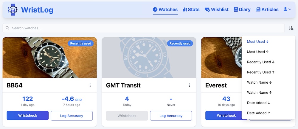 WristLog watches list sorting