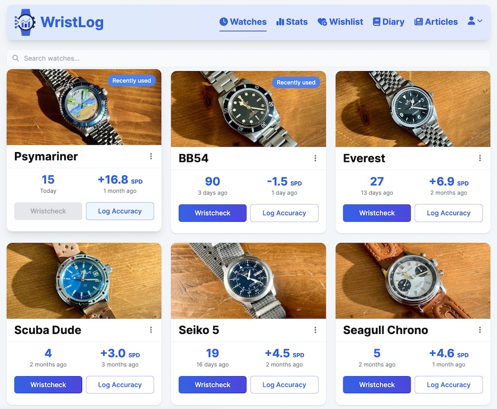 WristLog main screen